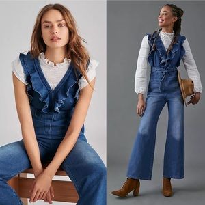 Anthropologie Alena Mare Mare Ruffled Denim Jumpsuit Blue Large